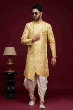 Thumbnail for Raivat Ethnic Banarasi Jacquard Embroidery Semi Indo Western Sherwani In Cream Beige Colour