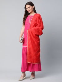 Thumbnail for Ahalyaa Pink Crepe Orange khari Print Kurta Sharara Set With Dupatta - Distacart