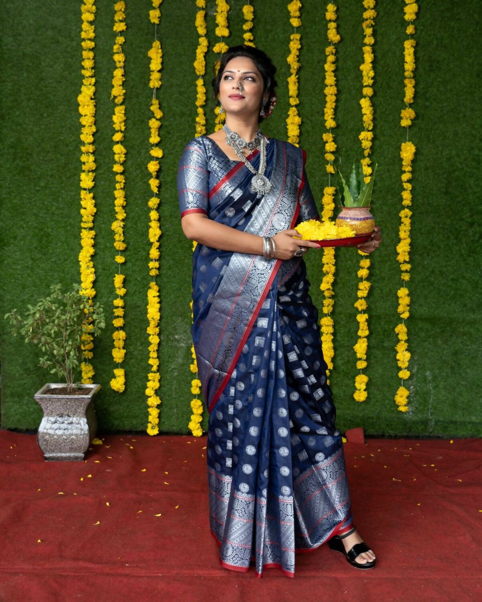 Aastha Fashion Navy Blue Woven Soft Handloom Silk Saree with Blouse - Distacart