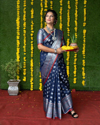 Thumbnail for Aastha Fashion Navy Blue Woven Soft Handloom Silk Saree with Blouse - Distacart