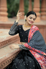 Thumbnail for Vastranavya Navaratri Collection Myra Silk Lehenga & Blouse With Maslin Crochet Printed Dupatta Set - Black - Distacart