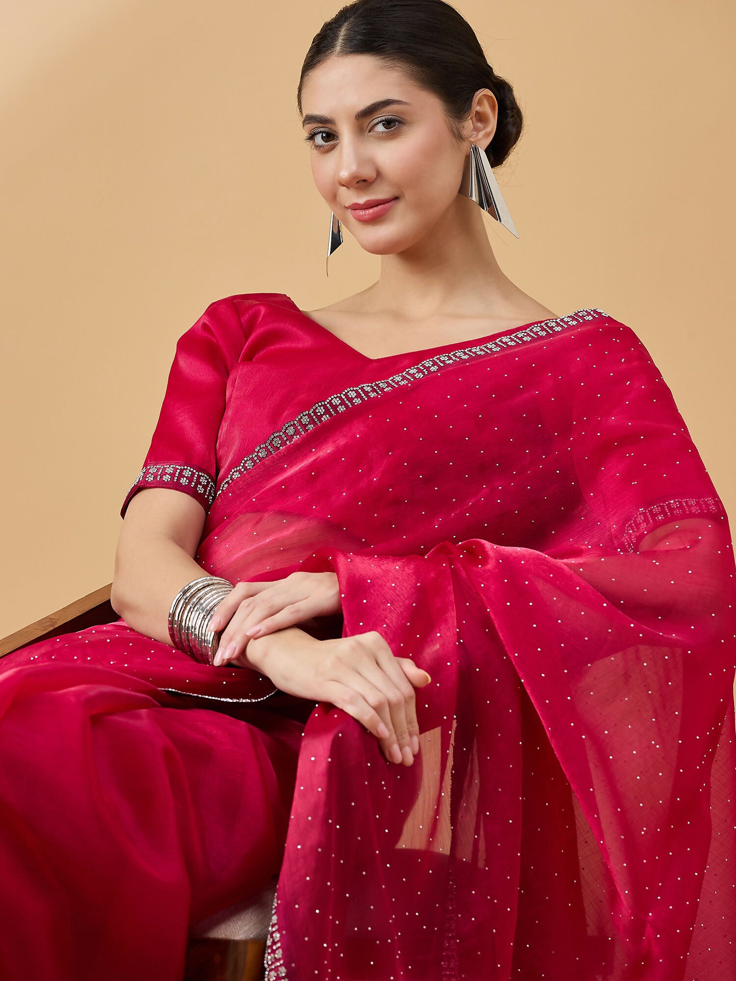 Pink Organza Swaroski Diamond Work Saree with Unstitched Blouse - Radha - Distacart