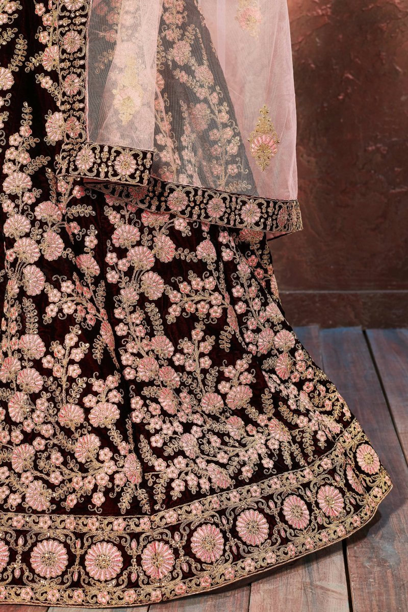 Aastha Fashion Women's Dark Maroon Thread Embroidery Velvet Silk Bridal Lehenga Choli - Distacart