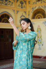 Thumbnail for Vaasva Women Aqua Muslin Pleated Kurta & Pant Clothing Set - Distacart