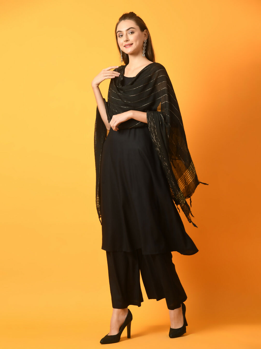 Myshka Women's Black Solid Anarkali Party Kurta Set With Dupatta - Distacart