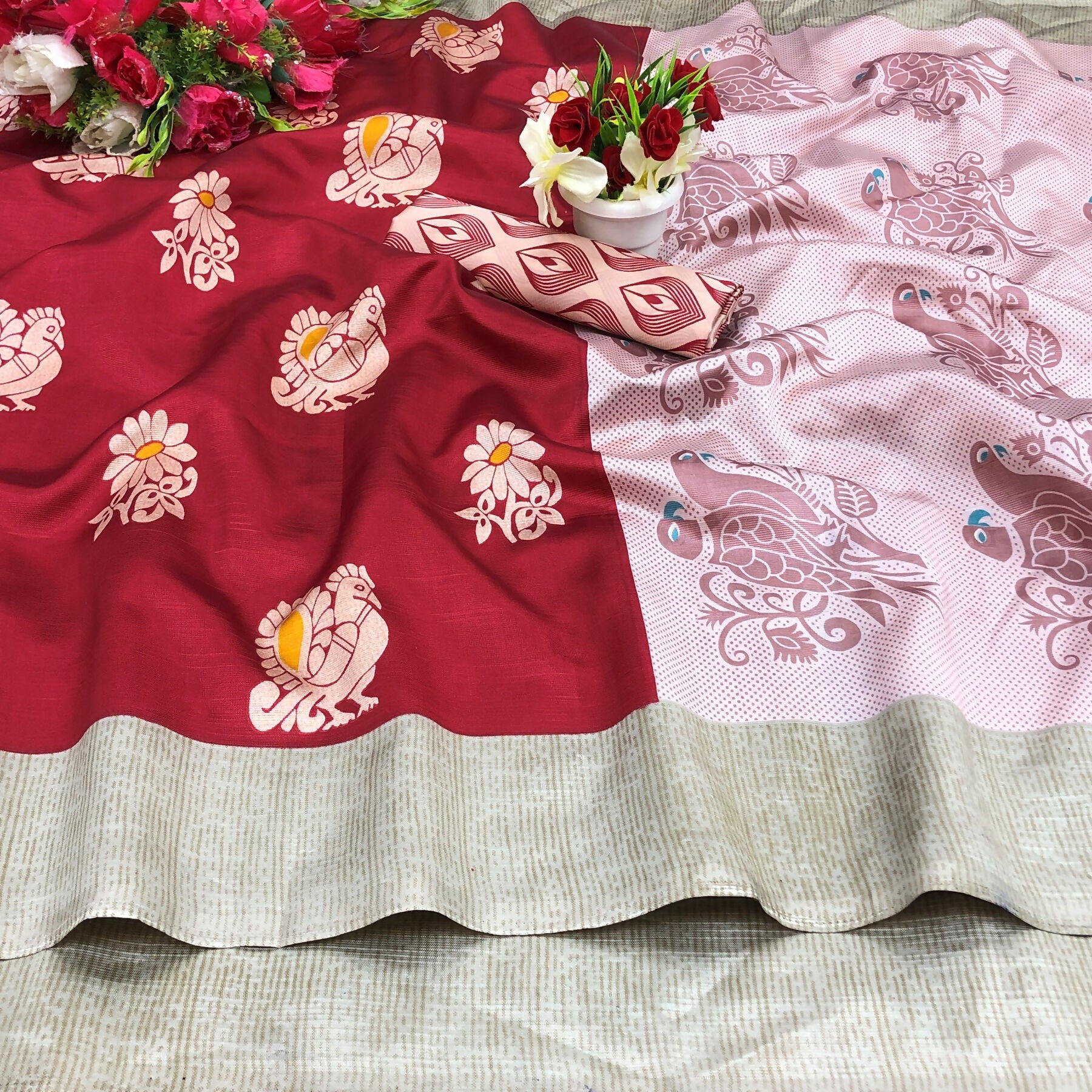 Vamika Red Printed Art Silk Saree - Distacart