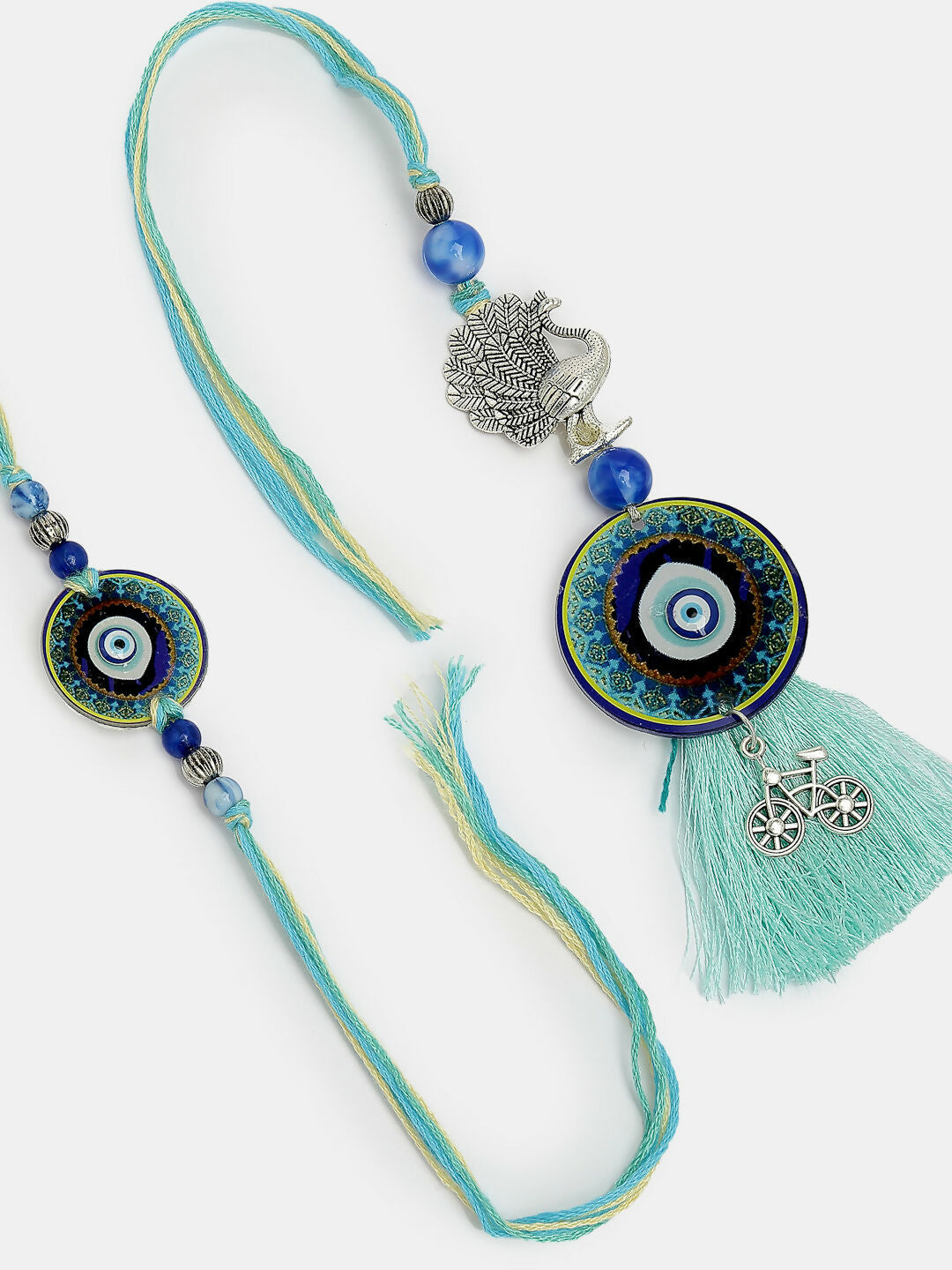 NVR Women & Men Set of 2 Blue Evil Eye & Beaded Bhaiya Bhabi Rakhi With Roli Chawal - Distacart