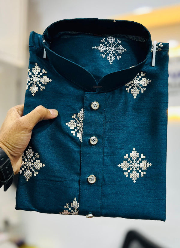 Prazu Fashion Aqua Blue Silk Copper Sequence Work Kurta