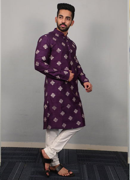 Prazu Fashion Violet Silk Copper Sequence Work Kurta