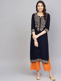 Thumbnail for Anubhutee Navy Blue Yoke Design Straight Kurta - Distacart