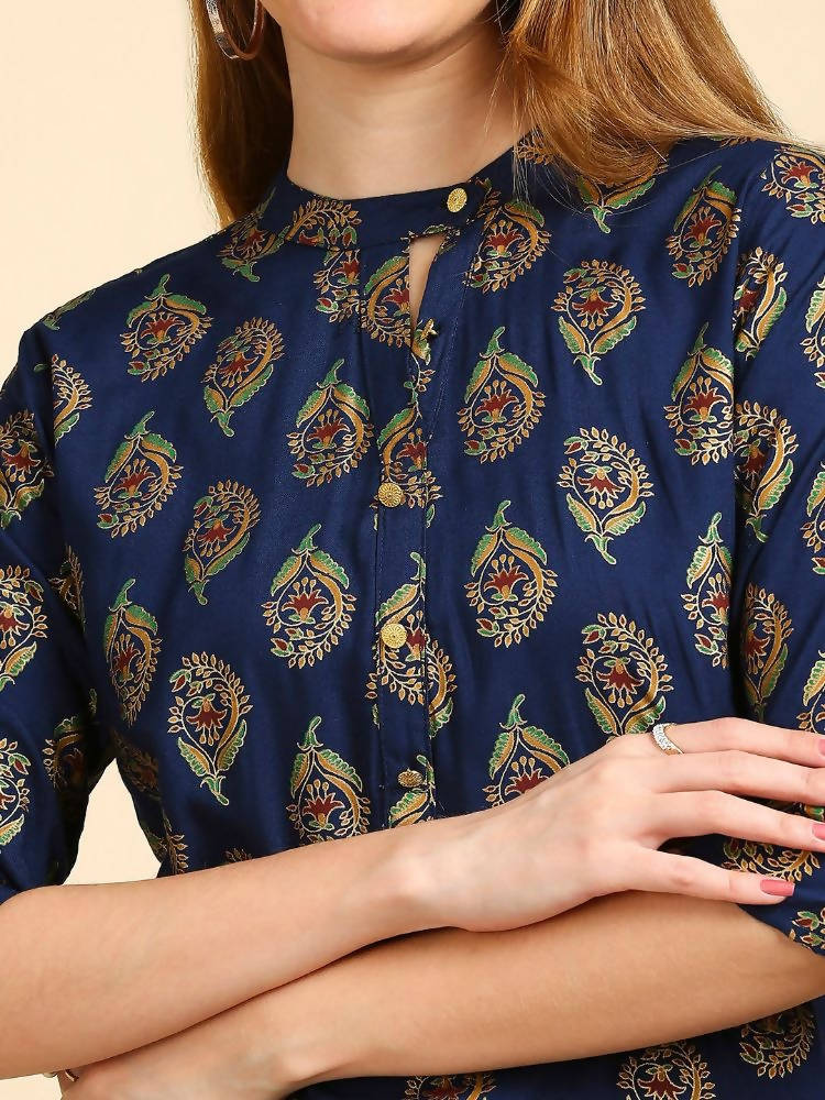 Anubhutee Teal Blue & Golden Printed Kurti - Distacart