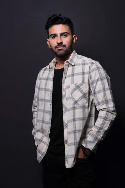 Jonesburg Off White Checks Fine Corduroy Regular Fit Shirt