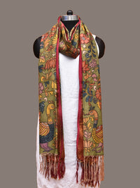 Thumbnail for Green and Pink Kalamkari Hand Painted Kanchipuram Silk Handloom Dupatta with Floral and Peacocks Design - Global Threads - Distacart