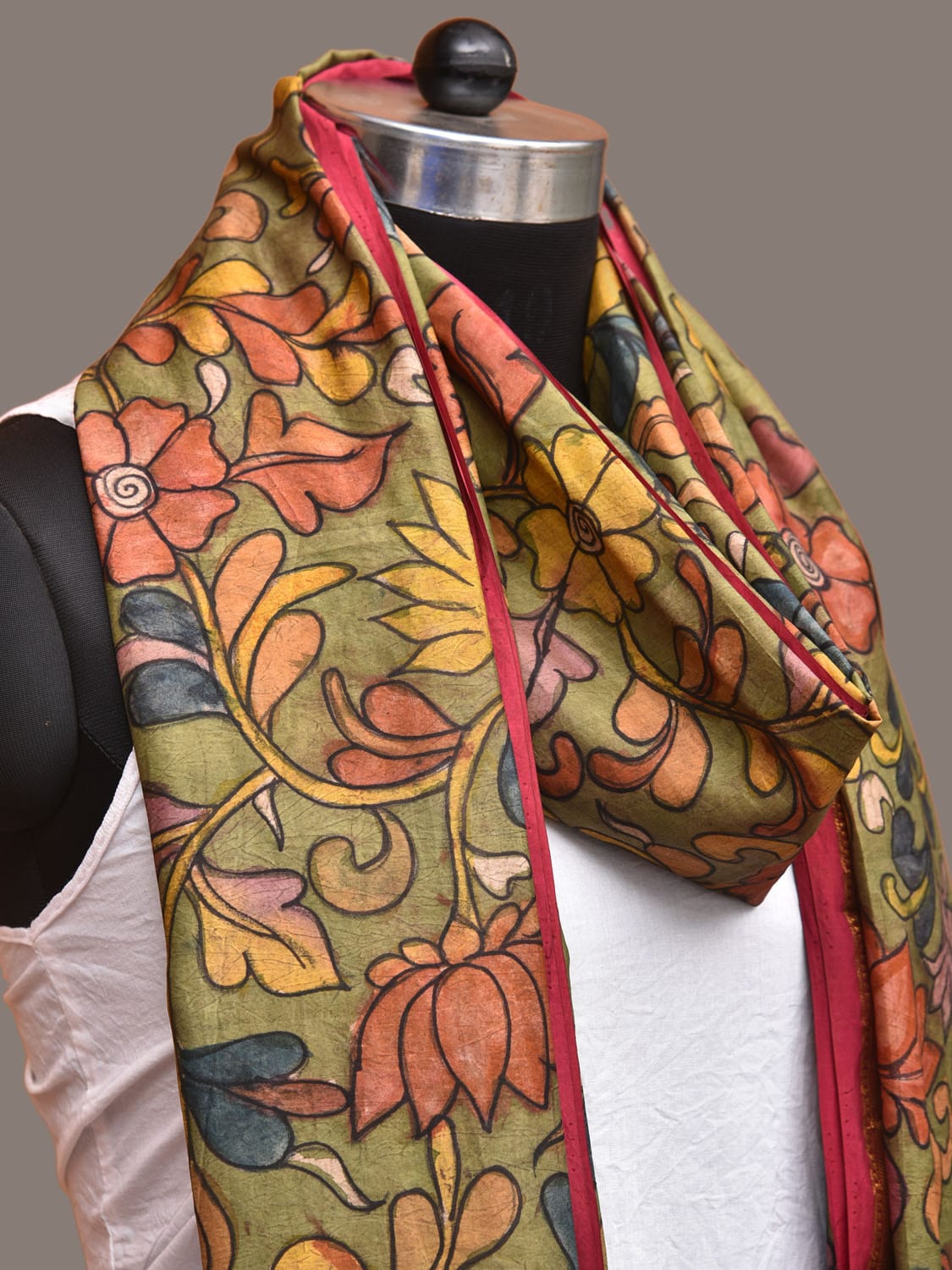 Green and Pink Kalamkari Hand Painted Kanchipuram Silk Handloom Dupatta with Floral and Peacocks Design - Global Threads - Distacart