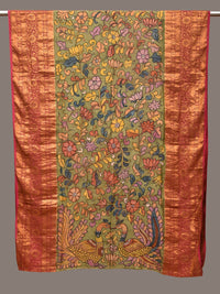 Thumbnail for Green and Pink Kalamkari Hand Painted Kanchipuram Silk Handloom Dupatta with Floral and Peacocks Design - Global Threads - Distacart