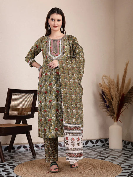 Yufta Green Cotton Lace Work On Yoke Straight Kurta Dupatta Pant Set - Distacart