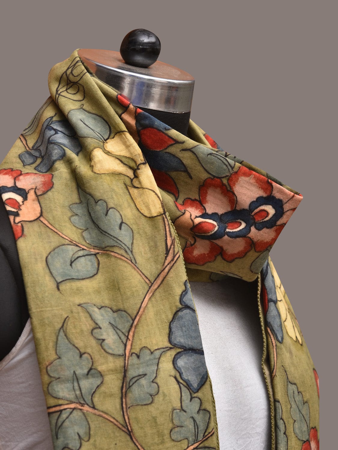 Green Kalamkari Hand Painted Cotton Stole with Floral Design - Global Threads - Distacart