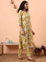 Thumbnail for Yufta Green Pure Cotton Ethnic Motifs Straight Kurta Pant Set - Distacart