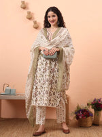 Thumbnail for Yufta Green Straight Thared Work Kurta Trouser Dupatta Set - Distacart