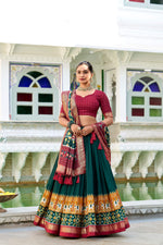 Thumbnail for Evanik Green Traditional Style Tussar Silk Patola Print With Foil Work Unstitched Lehenga Choli