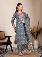 Thumbnail for Yufta Grey Cotton Straight Kurta Dupatta Pant Set - Distacart