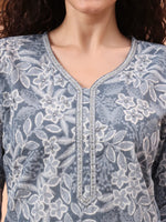 Thumbnail for Yufta Grey Ethnic Motifs Pure Cotton Straight Kurta Pant Set - Distacart