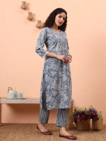 Thumbnail for Yufta Grey Ethnic Motifs Pure Cotton Straight Kurta Pant Set - Distacart