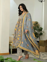 Thumbnail for Yufta Grey Floral Print ALine Kurta Trouser Dupatta Set - Distacart