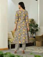 Thumbnail for Yufta Grey Floral Print ALine Kurta Trouser Dupatta Set - Distacart