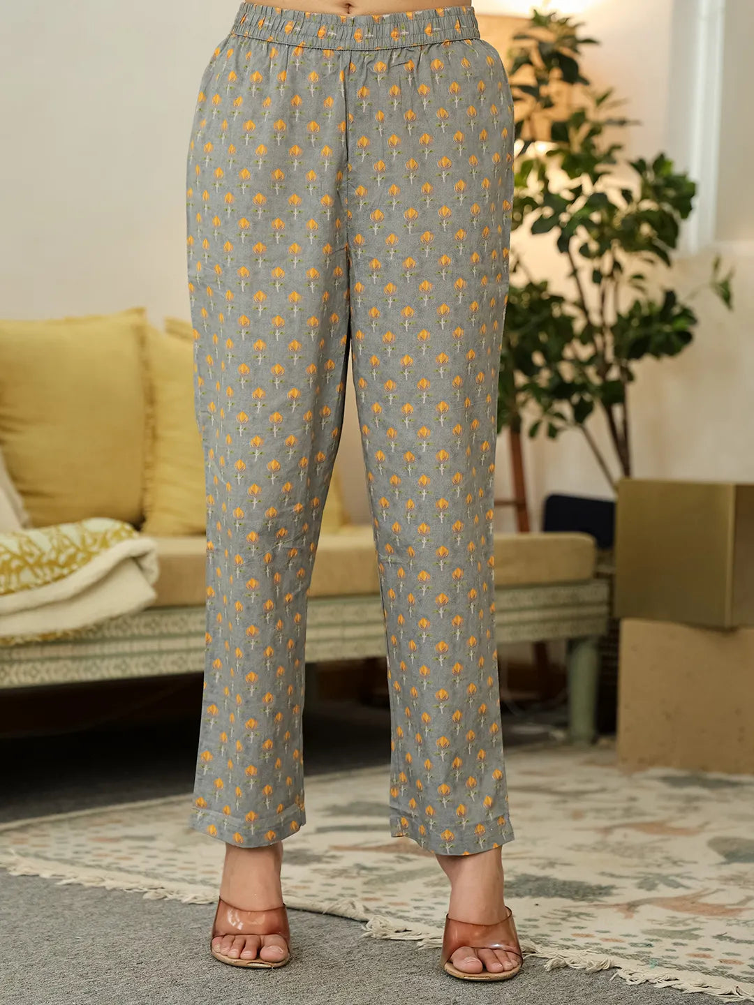 Yufta Grey Floral Print ALine Kurta Trouser Dupatta Set - Distacart