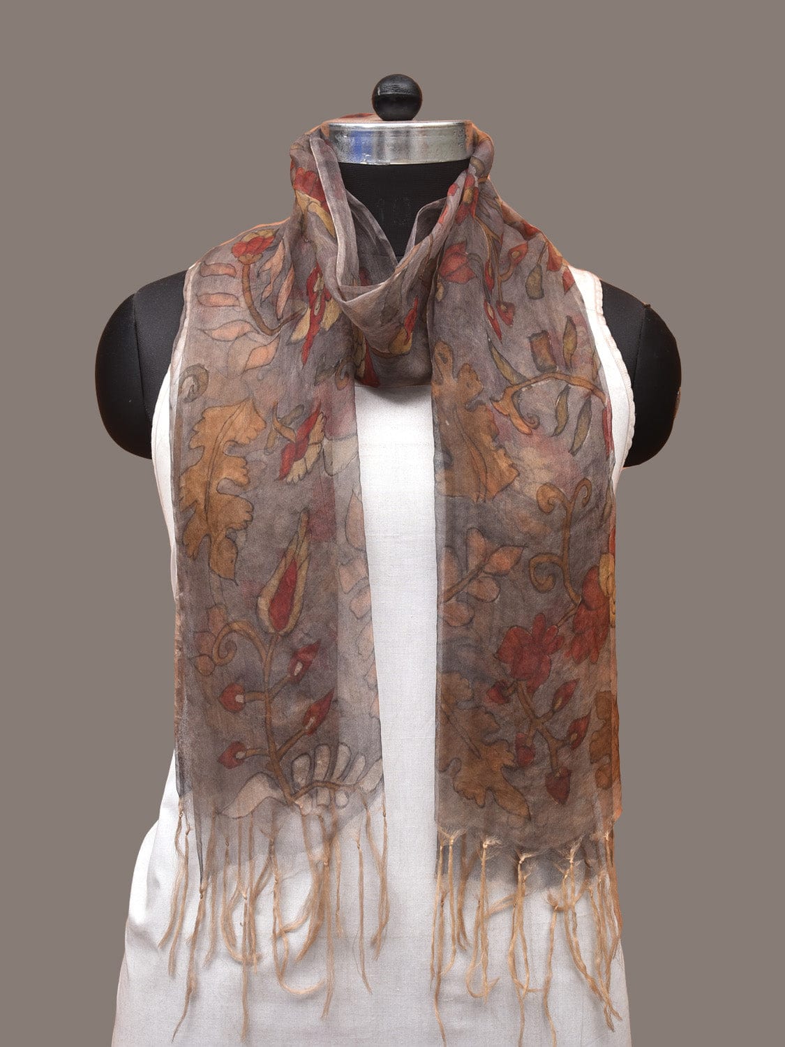 Grey Kalamkari Hand Painted Organza Stole with Floral Design - Global Threads - Distacart
