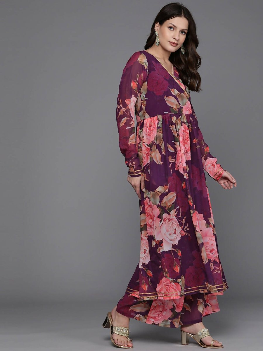 Ahalyaa Women Floral Printed Angrakha Kurta with Palazzos - Burgundy Color - Distacart