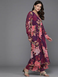 Thumbnail for Ahalyaa Women Floral Printed Angrakha Kurta with Palazzos - Burgundy Color - Distacart