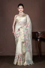 Thumbnail for Morchari Beige Banarasi Tissue Computer Embroidery Saree Unstitched Blouse