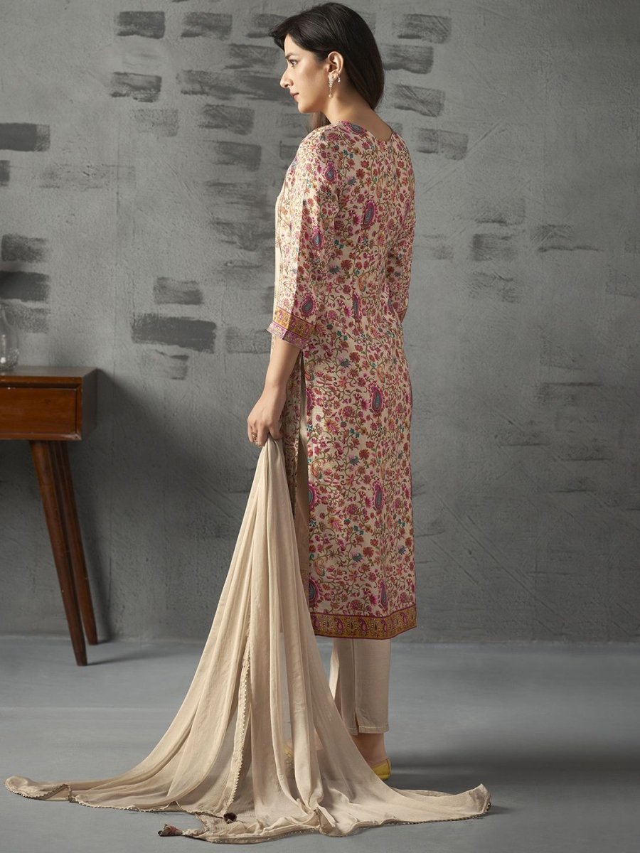 Anouk Cream Ethnic Motifs Printed Mirror Work Pure Silk Kurta With Trousers & Dupatta - Distacart
