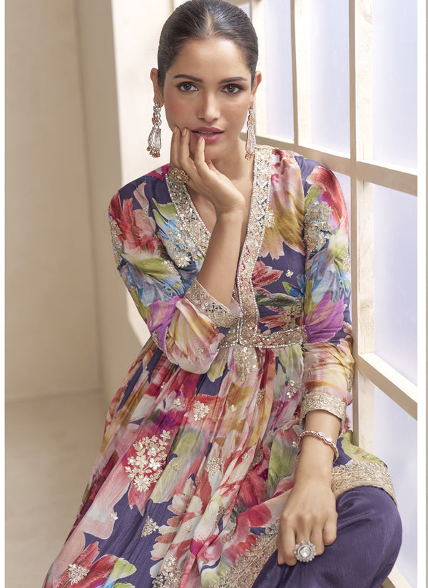 Vegaa Fashion Violet Chinon Embroidered Designer Palazzo Suit