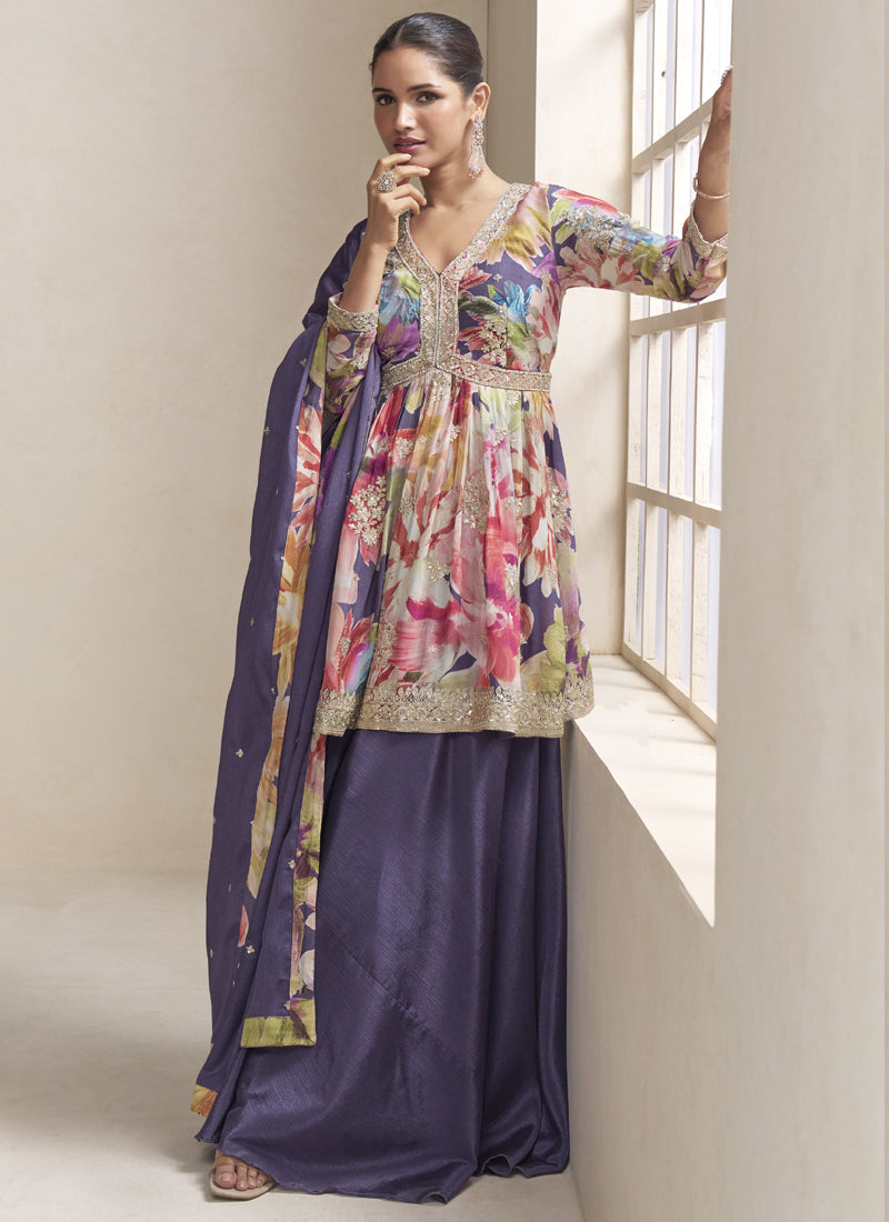 Vegaa Fashion Violet Chinon Embroidered Designer Palazzo Suit