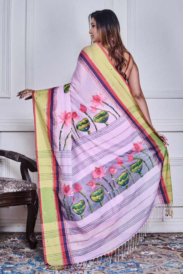 Morchari Multicolour Cotton Handloom Mirror Work Saree Unstitched Blouse