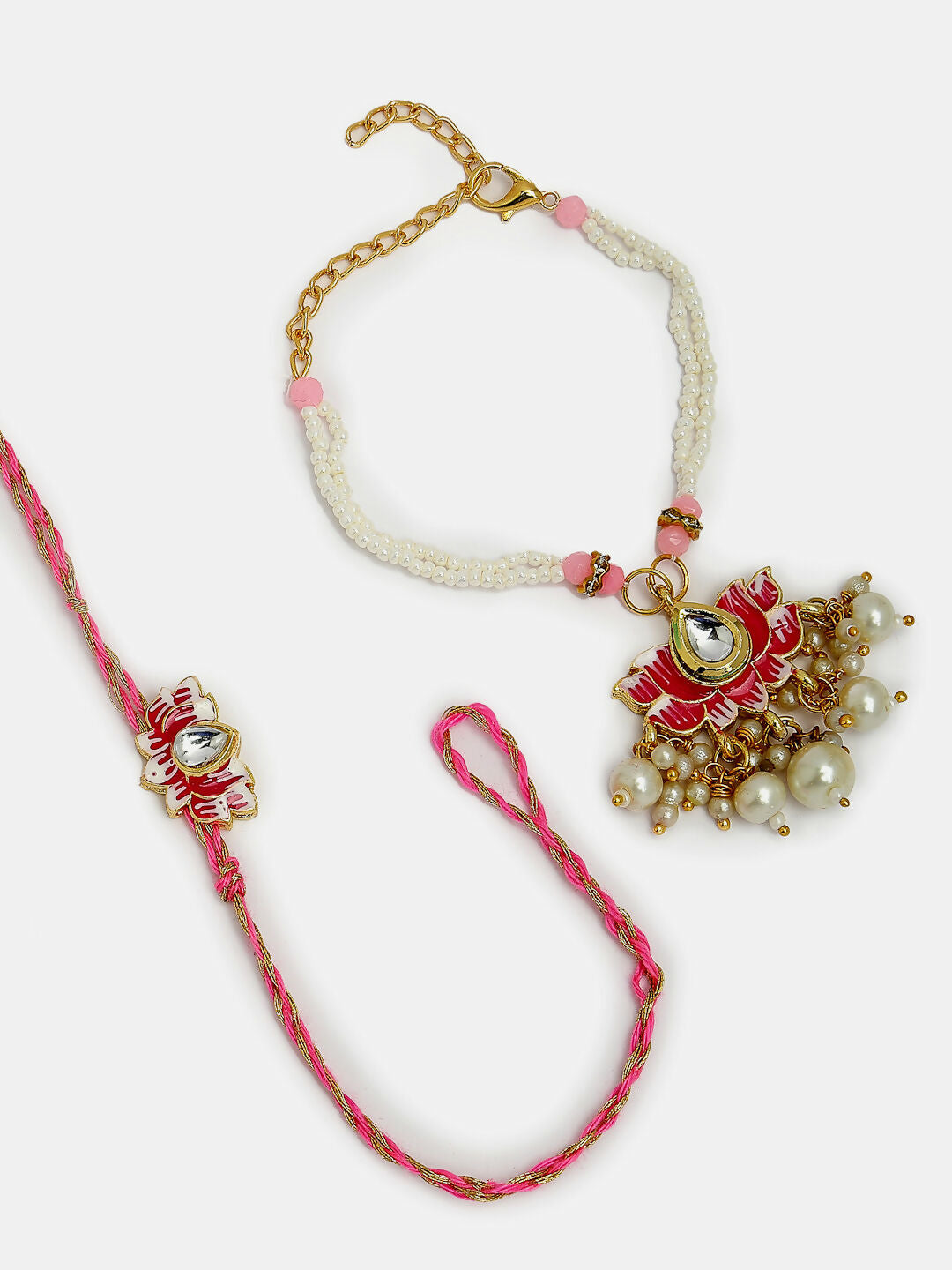 NVR Women & Men Set of 2 Pink Lotus Shape Kundan-Studded & Beaded Handcrafted Wraparound Rakhi Set With Roli Chawal - Distacart
