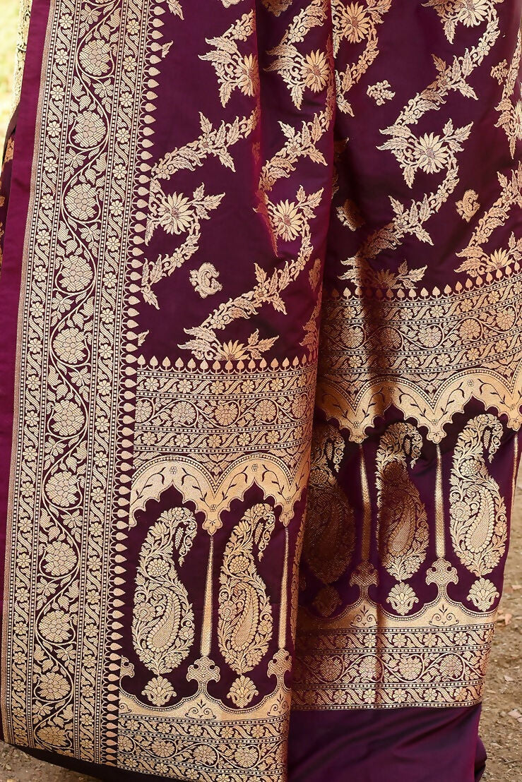 Joban Fashion Wine Banarasi Soft Pure Handloom Banarasi Silk Saree