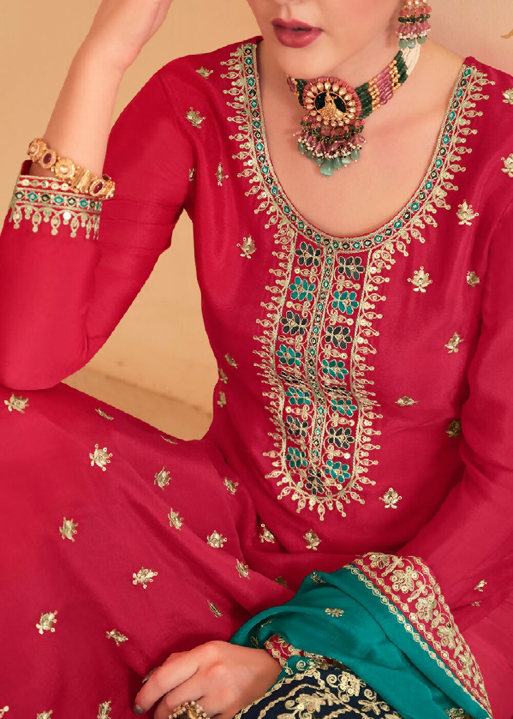 Dazzling Red Embroidered Chinnon Palazzo Salwar Kurta - Emponline - Distacart