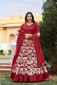 Thumbnail for Vastranavya Ethnic Look Tussar Silk Floral Printed With Foil Work Indian Lehenga Choli - Red
