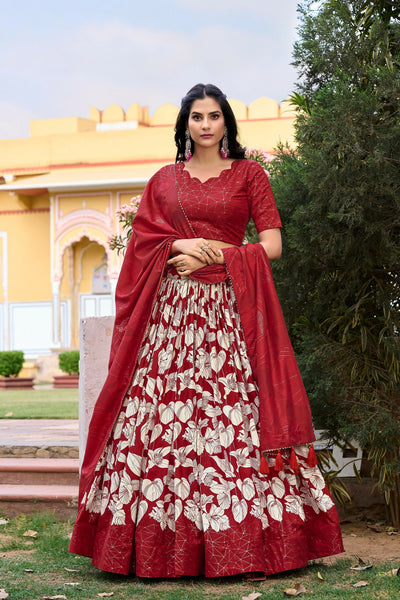 Vastranavya Ethnic Look Tussar Silk Floral Printed With Foil Work Indian Lehenga Choli - Red