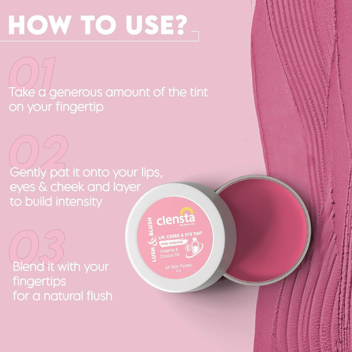 Clensta Lip Cheek Tint - Pink Forever, with Goodness of Vitamin E & Castor Oil - Distacart