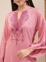 Thumbnail for Vishudh Floral Embroidered Mandarin Collar Bell Sleeves Mirror Work Straight Kurta - Distacart