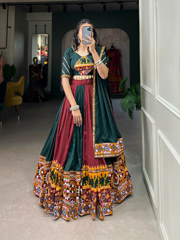 Vastranavya Navaratri Special Rayon with Printed Patch With Gota Patti And Paper Mirror Work And Cowrie (Kodi) Lace Touch Up Lehenga with Stitched Blouse - Green - Distacart
