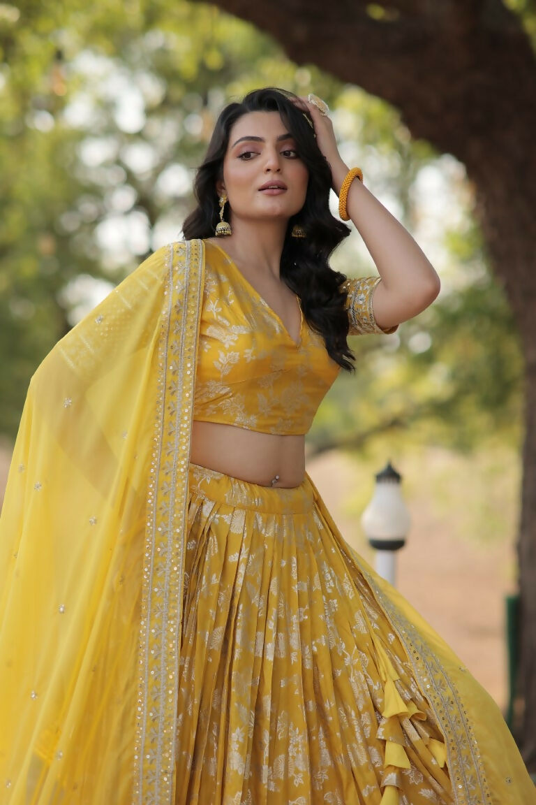 Vastranavya Designer Dyeable Pure Viscose Jacquard Fabric Lehenga Choli & Dupatta Set - Yellow - Distacart