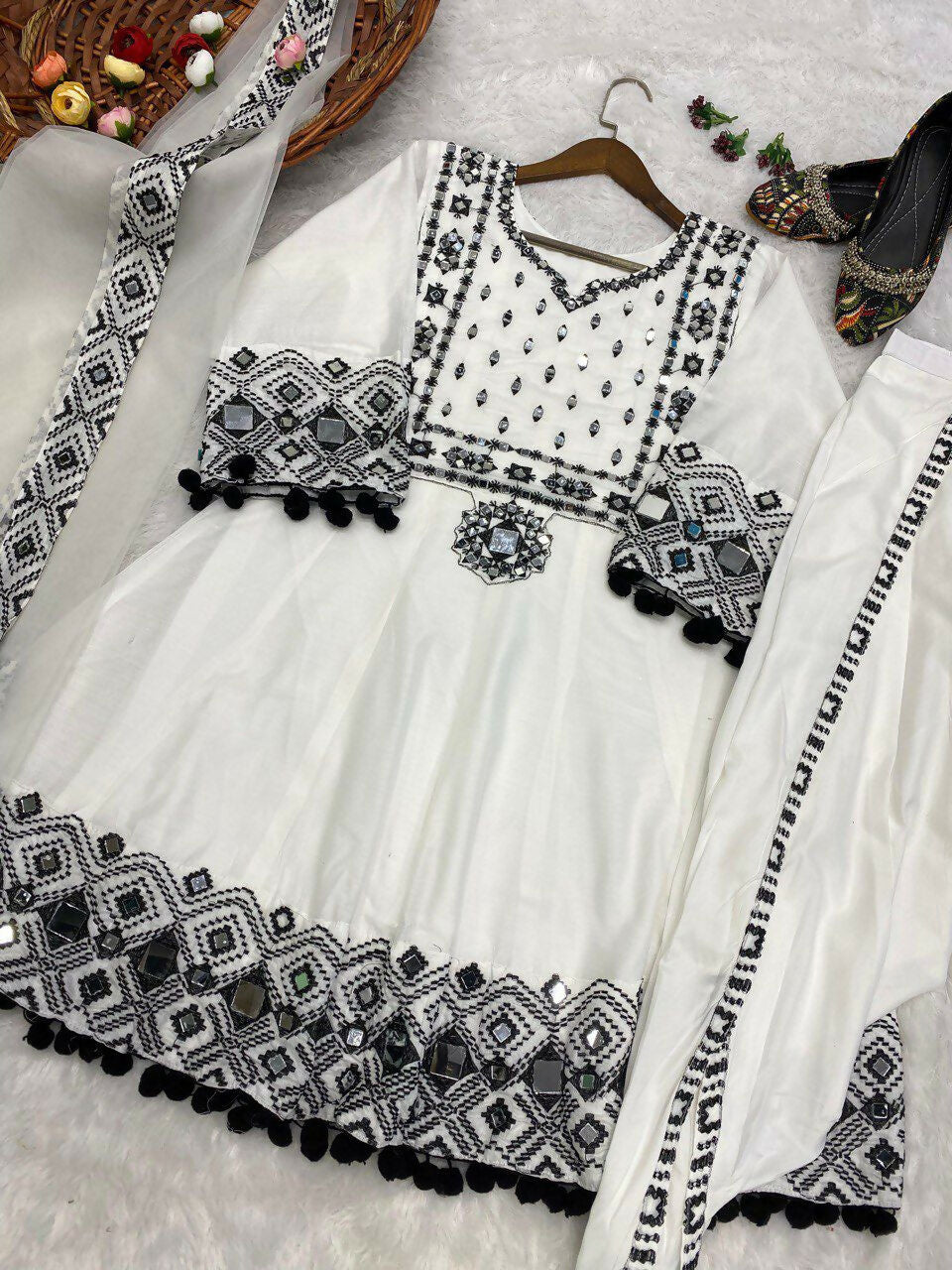 Preksha Creation Trending Designer Rajwadi Silk Top Embroidery Real Mirror Work With Dupatta And Dhoti - White