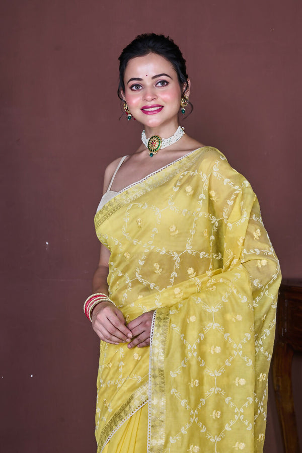Morchari Yellow Cotton Chanderi Embroidery Saree Unstitched Blouse