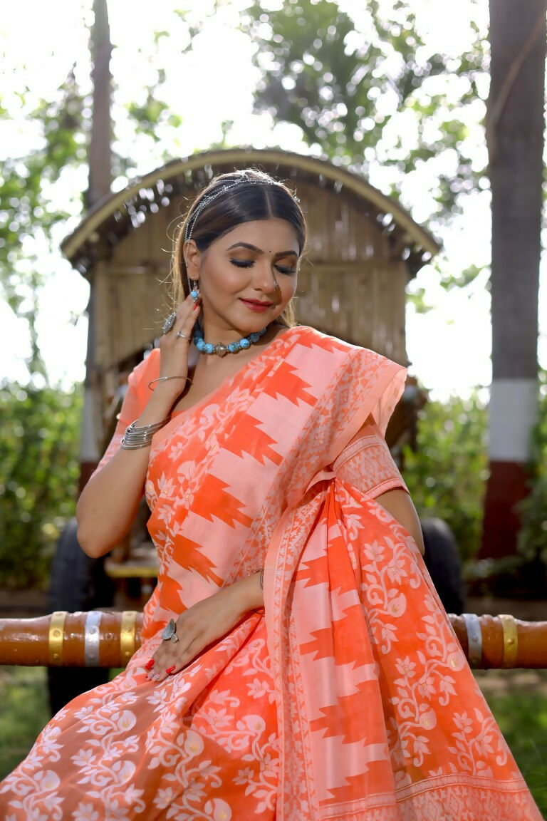 Partywear Designer Orange Jamdani contton Fancy Saree - Starwalk - Distacart